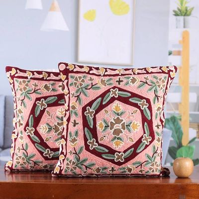Alternate image for Pink and Burgundy Embroidered Cotton Cushion Cover Pair Woven Whispers