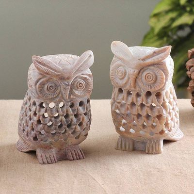 Alternate image for Owl-Themed Openwork Jali Soapstone Tealight Holders Pair Owl Glory