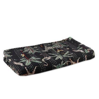 Alternate image for Tropical-Themed Embroidered Cotton Queen Bedspread in Black Night Jungle Story