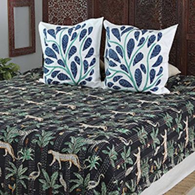 Alternate image for Tropical-Themed Embroidered Cotton Queen Bedspread in Black Night Jungle Story