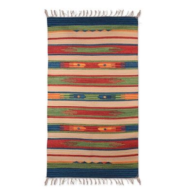 Alternate image for Folk Art Geometric Dhurrie Rug Hand-Woven in Cotton 2x4 Rainbow Fantasy