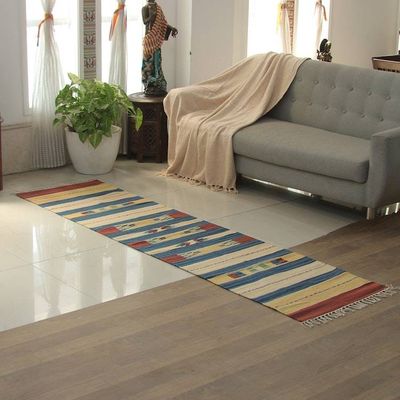 Alternate image for Handwoven Geometric Fringed Cotton Dhurrie Runner 2x7 Geometric Floral Harmony