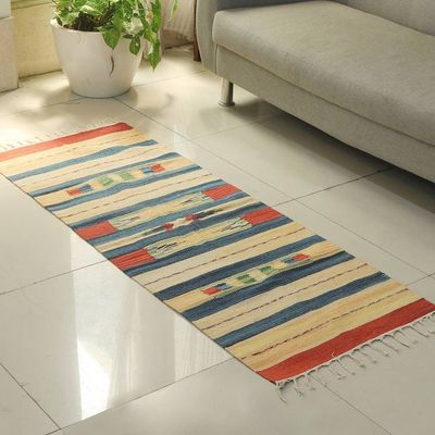 Alternate image for Handloomed Striped 2x5 100 Cotton Dhurrie Rug with Fringed Morning Wonders