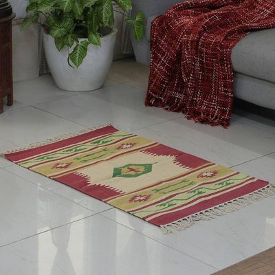 Alternate image for Hand-Loomed Geometric Fringed Cotton Dhurrie Area Rug 2x3 Traditional Accents