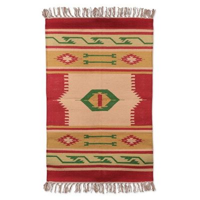 Alternate image for Hand-Loomed Geometric Fringed Cotton Dhurrie Area Rug 2x3 Traditional Accents