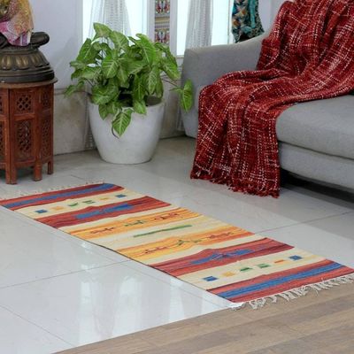 Alternate image for Artisan-Made 2x5 Striped 100 Cotton Fringed Dhurrie Rug Sunset Feelings