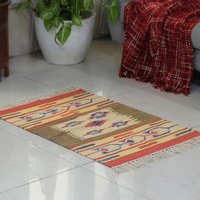 Alternate image for Classic Handloomed 100 Cotton Fringed Dhurrie Rug 2x3 Echoes of Tradition