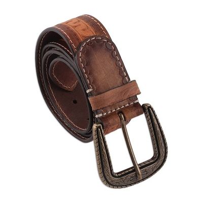 Alternate image for Artisan-Made Brown Mens Embossed Leather Belt from India Sepia Aesthetic