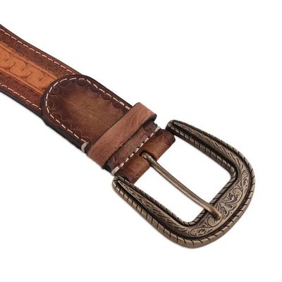 Alternate image for Artisan-Made Brown Mens Embossed Leather Belt from India Sepia Aesthetic