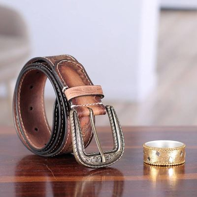Alternate image for Artisan-Made Brown Mens Embossed Leather Belt from India Sepia Aesthetic