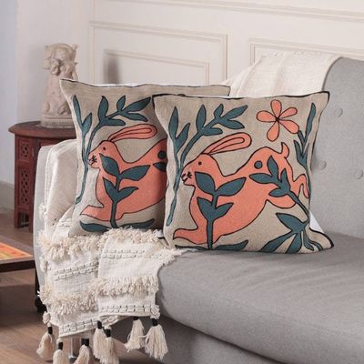 Alternate image for 2 Rabbit Nature-Themed Chain-Stitched Cotton Cushion Covers Playful Rabbits