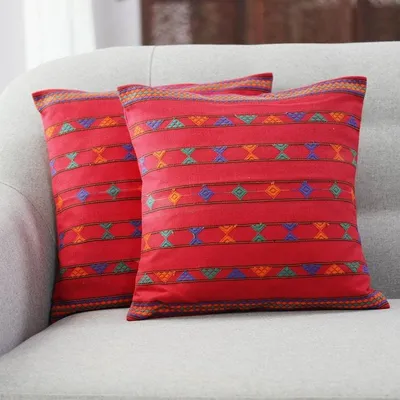 Alternate image for Cotton Embroidered Cushion Covers Pair Desert Ruby