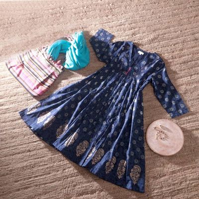 Alternate image for Cotton Tunic Dress with Hand Block-Printed Floral Leaf Theme Royal Blue Enchantment