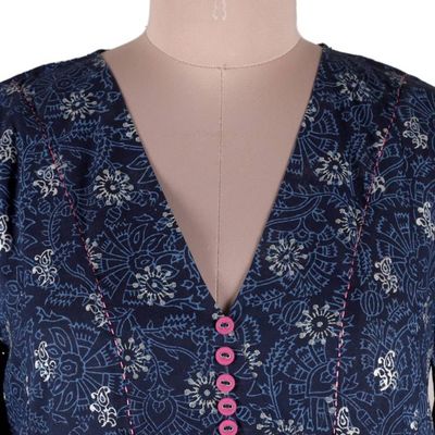 Alternate image for Cotton Tunic Dress with Hand Block-Printed Floral Leaf Theme Royal Blue Enchantment