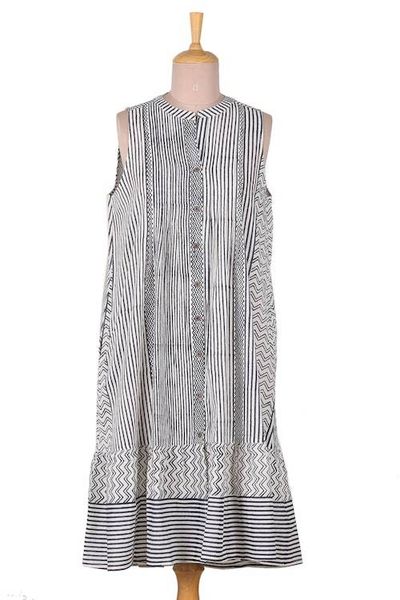 Alternate image for Patterned Blue and White 100 Cotton Sleeveless Tunic Dress Tribal Rhythm