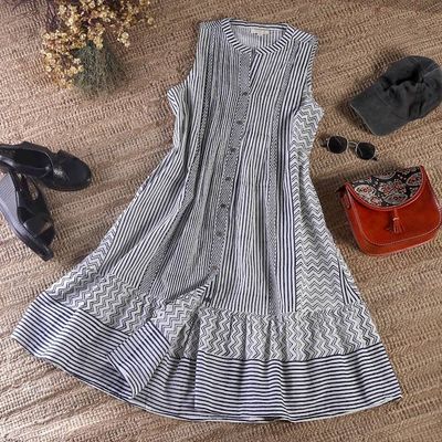 Alternate image for Patterned Blue and White 100 Cotton Sleeveless Tunic Dress Tribal Rhythm