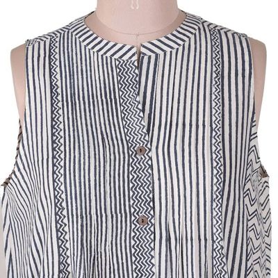 Alternate image for Patterned Blue and White 100 Cotton Sleeveless Tunic Dress Tribal Rhythm