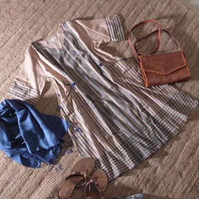 Alternate image for Classic 100 Cotton A-Line Dress in Ecru and Sapphire Hues Memories of Ecru