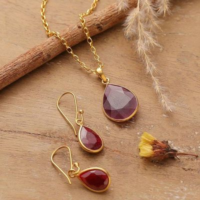 Alternate image for 18-Carat Ruby Gold-Plated Necklace and Earrings Jewelry Set Blissful Crimson
