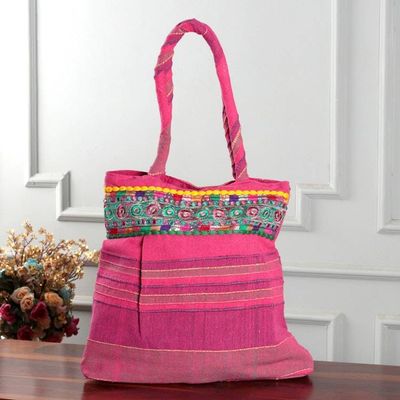 Alternate image for Fuchsia Cotton Tote Bag with Paisley Geometric Embroidery Festive Fuchsia