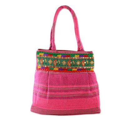 Alternate image for Fuchsia Cotton Tote Bag with Paisley Geometric Embroidery Festive Fuchsia