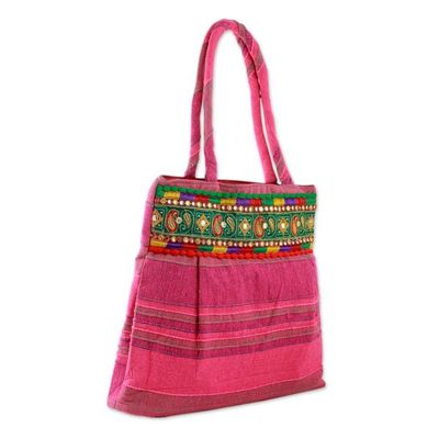 Alternate image for Fuchsia Cotton Tote Bag with Paisley Geometric Embroidery Festive Fuchsia