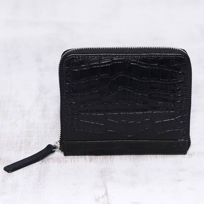 Alternate image for Black Leather Zippered Wallet with Crocodile Motif Travel Light in Black