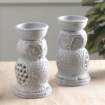 Alternate image for 2 Owl-Shaped Jali Openwork Soapstone Oil Warmers from India Fragrance of Love