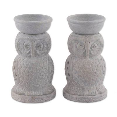 Alternate image for 2 Owl-Shaped Jali Openwork Soapstone Oil Warmers from India Fragrance of Love