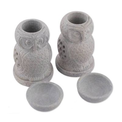 Alternate image for 2 Owl-Shaped Jali Openwork Soapstone Oil Warmers from India Fragrance of Love