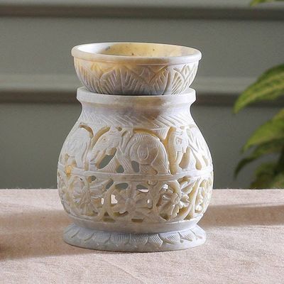 Alternate image for Elephant Floral Leaf-Themed Openwork Soapstone Oil Warmer Royal Stride