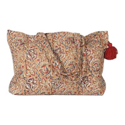 Alternate image for Block-Printed Floral Caramel Quilted Cotton Tote Bag Weekends Away