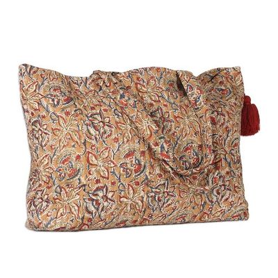 Alternate image for Block-Printed Floral Caramel Quilted Cotton Tote Bag Weekends Away