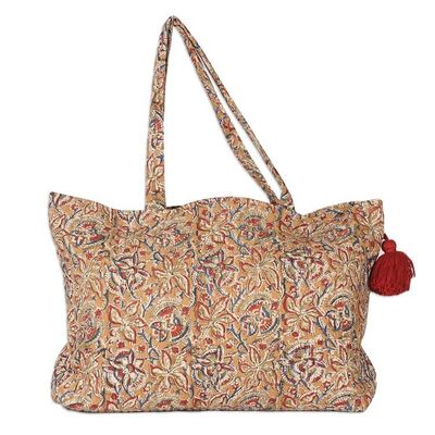 Alternate image for Block-Printed Floral Caramel Quilted Cotton Tote Bag Weekends Away