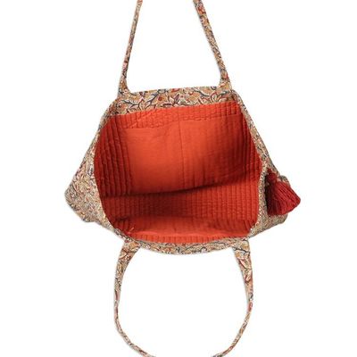 Alternate image for Block-Printed Floral Caramel Quilted Cotton Tote Bag Weekends Away