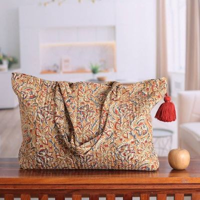 Alternate image for Block-Printed Floral Caramel Quilted Cotton Tote Bag Weekends Away