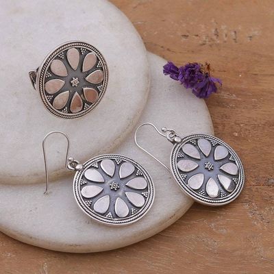 Alternate image for Silver Floral Dangle Earrings Adjustable Ring Jewelry Set Vintage Blossom