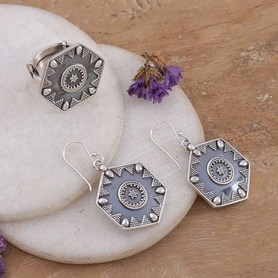 Alternate image for Hexagonal-Shaped Silver Earrings and Ring Jewelry Set Classic Heritage