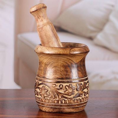 Alternate image for Hand-Carved Wood Mortar and Pestle with Floral Leaf Theme Rustic Beauty