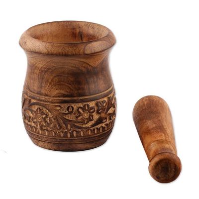 Alternate image for Hand-Carved Wood Mortar and Pestle with Floral Leaf Theme Rustic Beauty