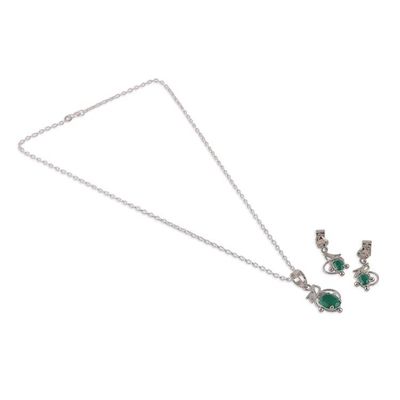 Alternate image for Rhodium-Plated Onyx Necklace and Earrings Leafy Jewelry Set Serene Greenery