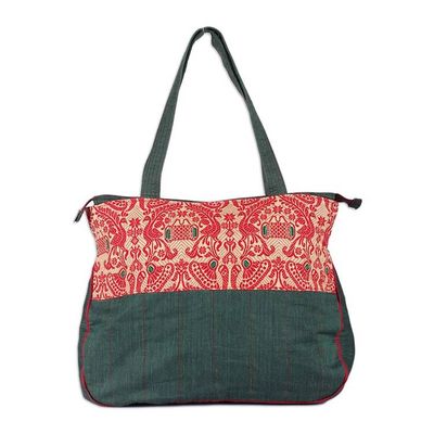 Alternate image for Peacock-Themed Red and Green Cotton Shoulder Bag Assam Heritage