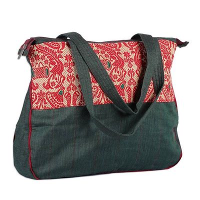 Alternate image for Peacock-Themed Red and Green Cotton Shoulder Bag Assam Heritage