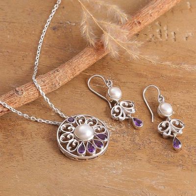 Alternate image for Floral Natural Cream Pearl and Faceted Amethyst Jewelry Set Wise Sparkle