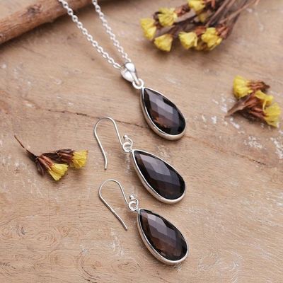 Alternate image for Smoky Quartz 925 Silver Necklace and Earrings Jewelry Set Evening Chic