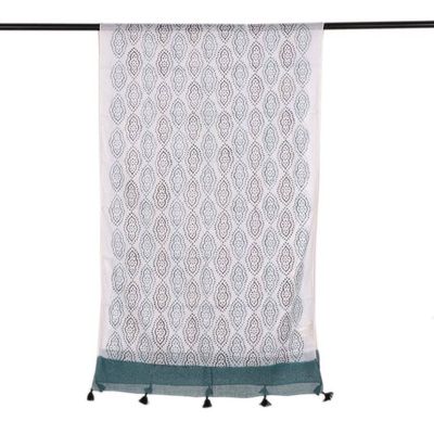 Alternate image for Block-Printed Green White Black Cotton Shawl with Tassels Creative Essence