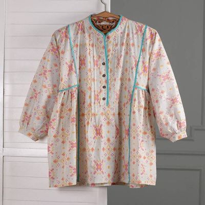 Alternate image for Floral-Patterned Striped Cotton Tunic with Turquoise Piping Floral Stripes