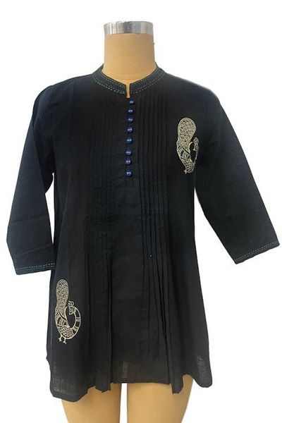 Alternate image for Cotton Blouse with Stitching and Embroidered Peacock Accents Peacock Fantasy