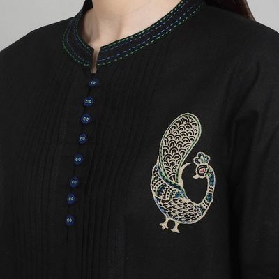 Alternate image for Cotton Blouse with Stitching and Embroidered Peacock Accents Peacock Fantasy