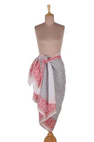 Alternate image for Geometric Vine-Patterned Hand-Block Printed Cotton Sarong Enchanting Geometry